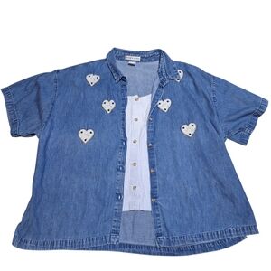 Cottage festival boho 90s denim jean button up shirt heart patches patchwork 2X
